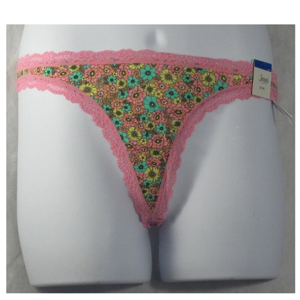 Jenni Women's Lace-Trim Cotton Thong Panty Underwear, Multicolor Floral
